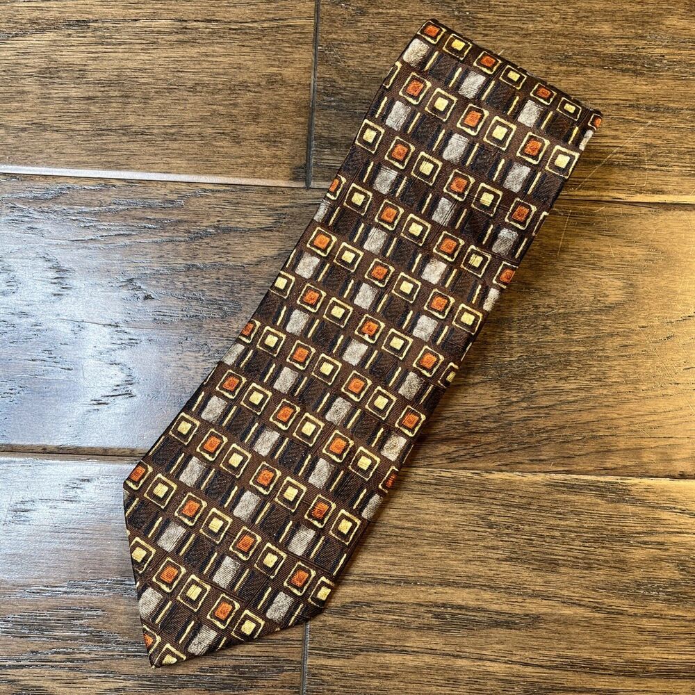 Ermenegildo Zegna Brown Silk Jacquard Geo Square Neck‎ Tie Length 58" Width 3.5"